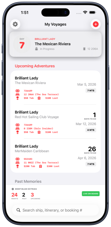 MyVV app showing the My Voyages screen with upcoming Virgin Voyages sailings, nights on board, and countdowns
